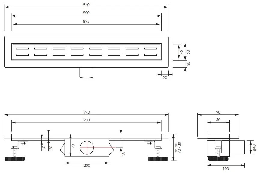 Brauer Small douchegoot 90cm met standaard rooster en flens RVS geborsteld