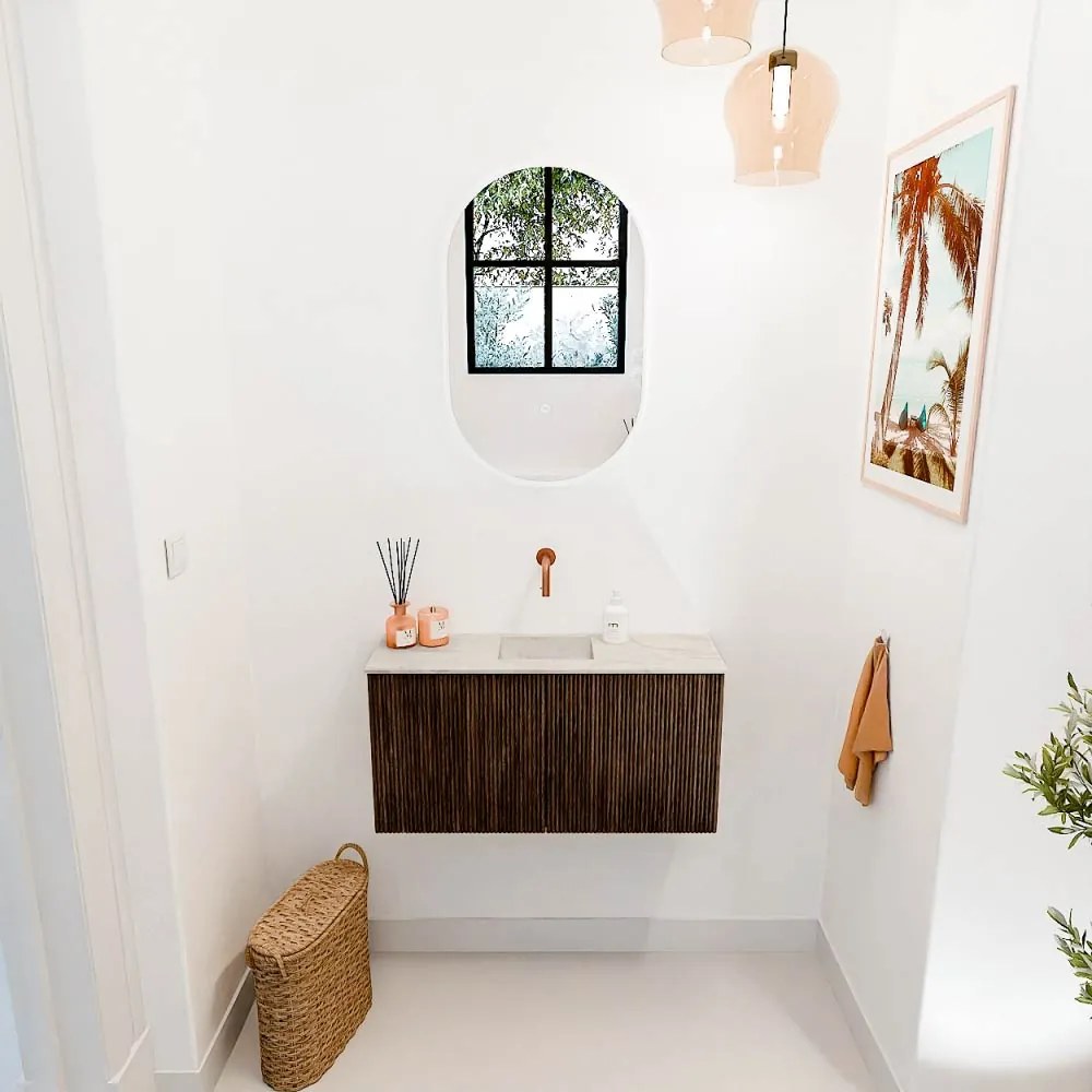 Mondiaz Joya DLux 80cm toiletmeubel walnut met wastafel faye midden zonder kraangat ostra