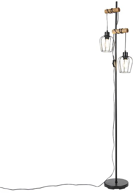 Landelijke vloerlamp zwart met hout 2-lichts - Stronk
