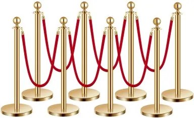 VEVOR Drijvende-wegafscheidingspalen (8 stuks) met 6 rode fluwelen touwen (1,5 m lang), roestvrijstalen drangafscheidingspalen met hervulbare voet voor tentoonstellingen Goudkleurig