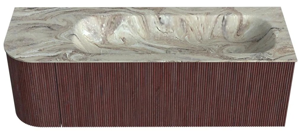 Mondiaz Kurve-dlux 135cm badmeubel ronding links ruby met 1 lade en deur en wastafel big medium rechts zonder kraangat glace