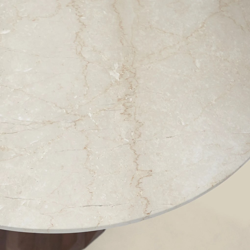 Ronde Eettafel Beige Marmer En Hout - 120 X 120cm.