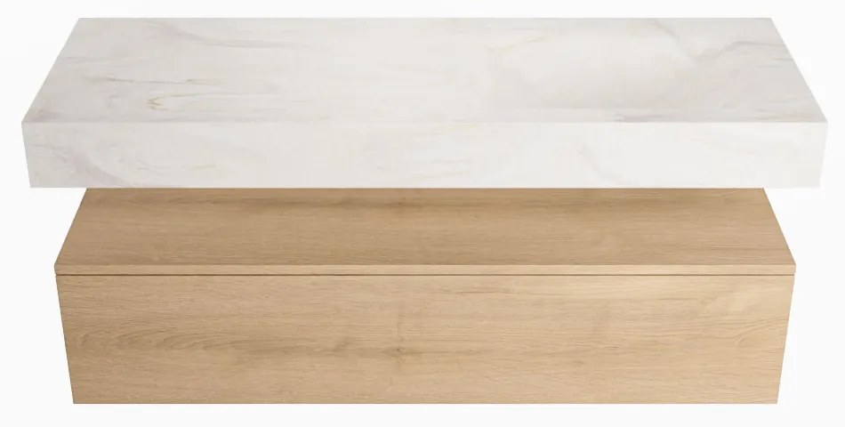 Mondiaz Alan DLux badmeubel 130cm washed oak 1 lade met wastafel ostra rechts 1 kraangat