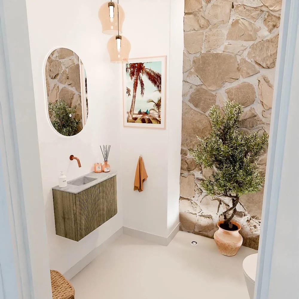Mondiaz Joya DLux 60cm toiletmeubel ronding rechts dusk met wastafel faye links zonder kraangat glace