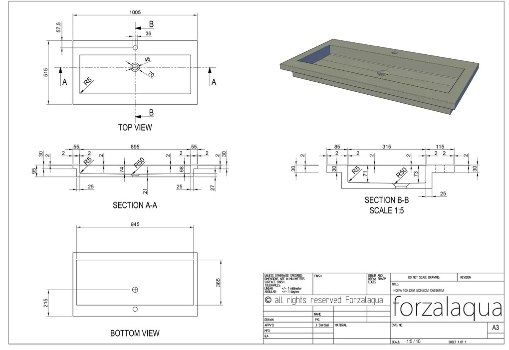 Forzalaqua Nova wastafel 100x50cm met kraangat carrara gekapt