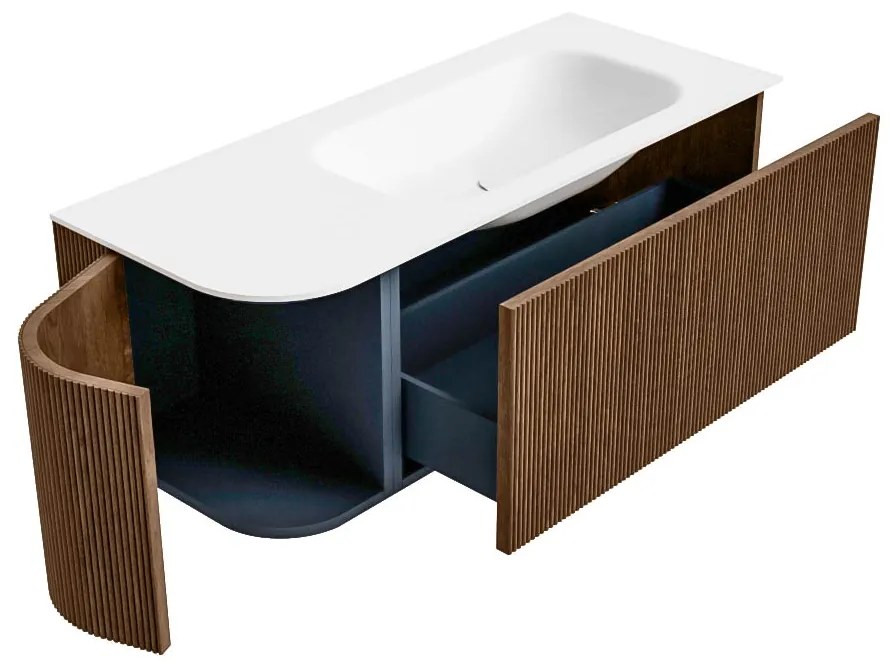 Mondiaz Kurve 115cm badmeubel ronding links walnut met 1 lade en deur en wastafel big small rechts zonder kraangat