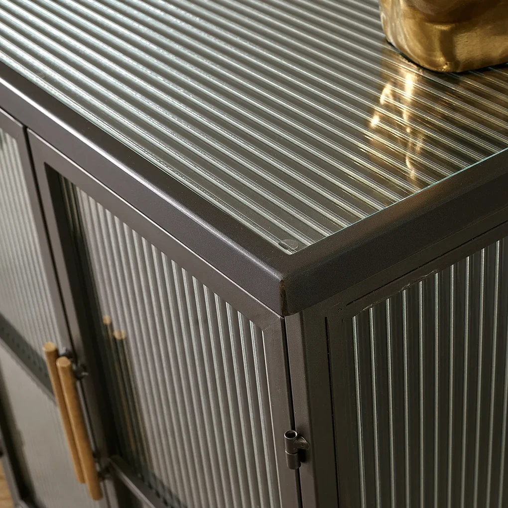 Kare Design Gomera Dressoir Zwart Met Ribbelglas - 120x35x75cm.