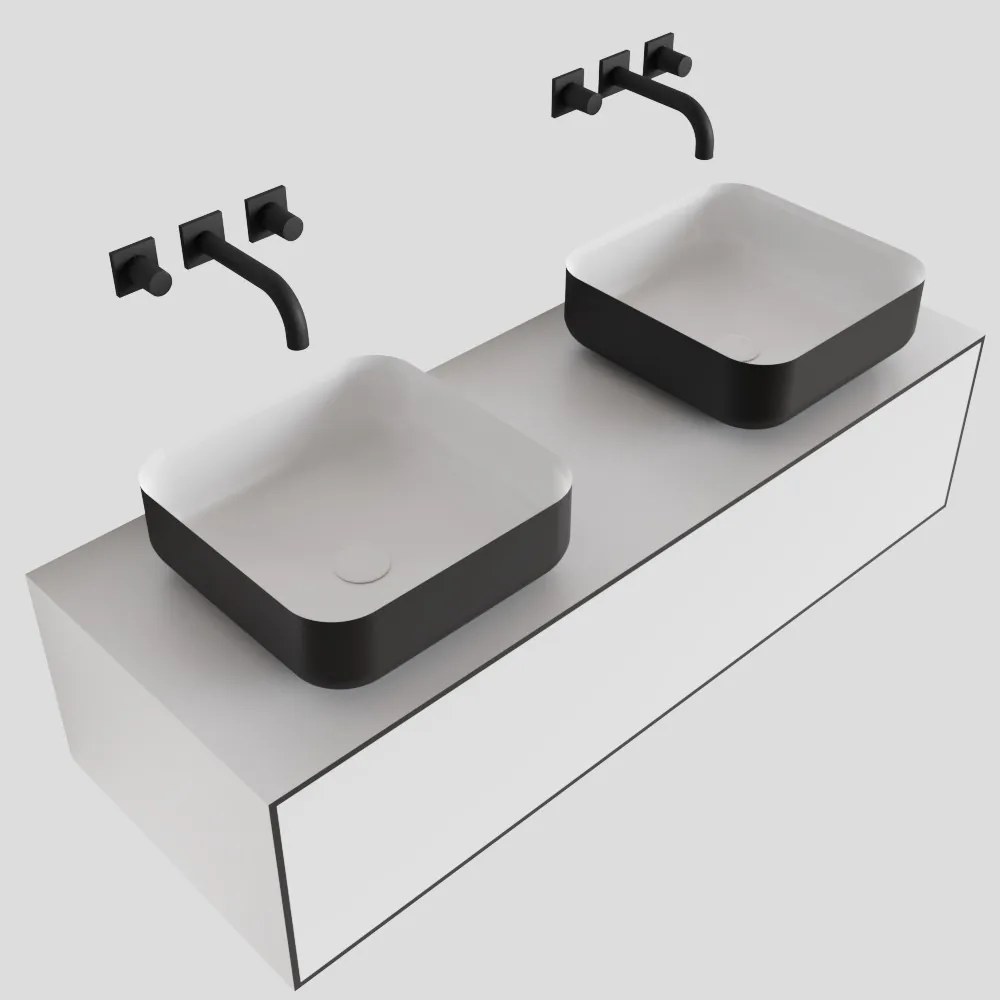 Zaro Lagom volledig naadloos solid surface onderkast met topblad 120cm mat zwart met 1 lades Push tot open. Compleet met solid surface opzetkom met 0 kraangat(en)