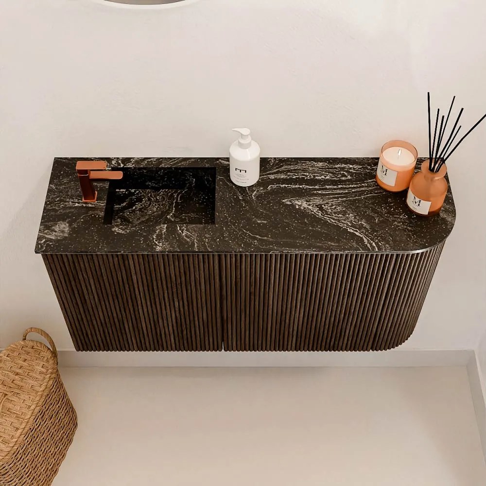 Mondiaz Joya DLux 80cm toiletmeubel ronding rechts walnut met wastafel faye links 1 kraangat lava