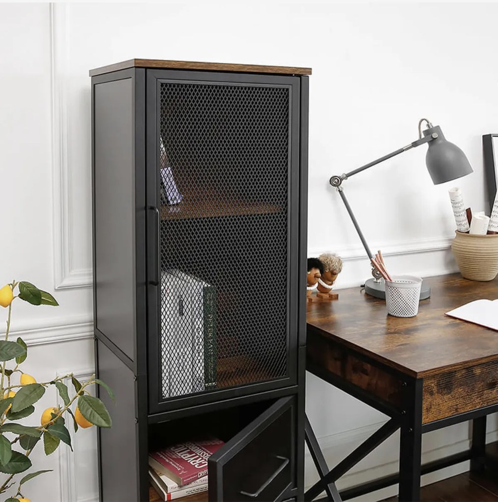 Nancy's Roslindale 2 Opbergkast - Industriële Kast - Kasten - Dressoir - Kast met 4 Planken - 3 Metalen Deuren - 40 x 30 x 140 cm (L x B x H)