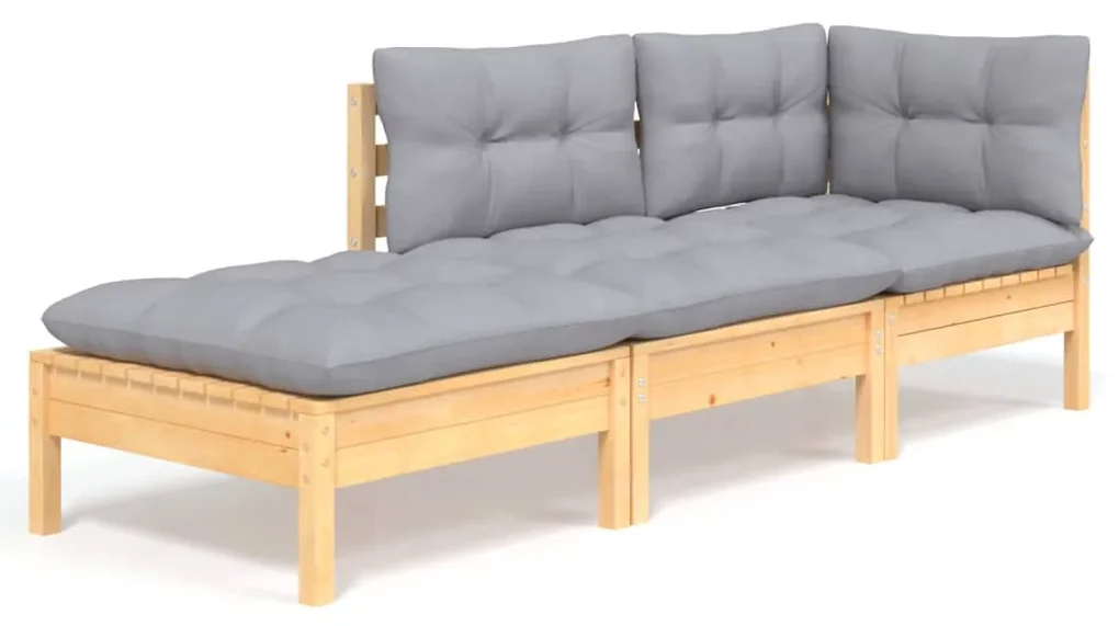 vidaXL 3-delige Loungeset met grijze kussens massief grenenhout