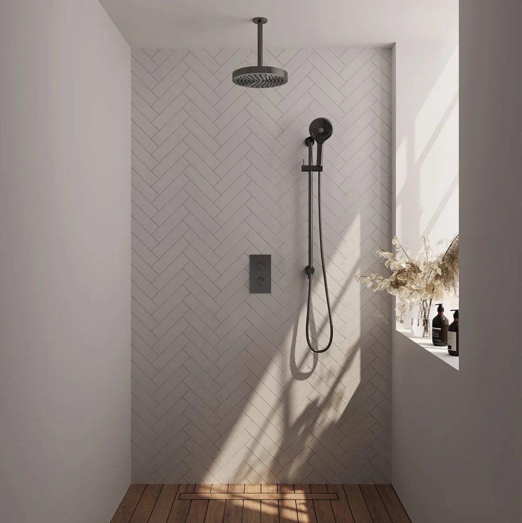 Brauer Stripe inbouw regendouche met 25cm hoofddouche, met plafondarm, glijstang en 3 standen handdouche set 24 gunmetal geborsteld PVD