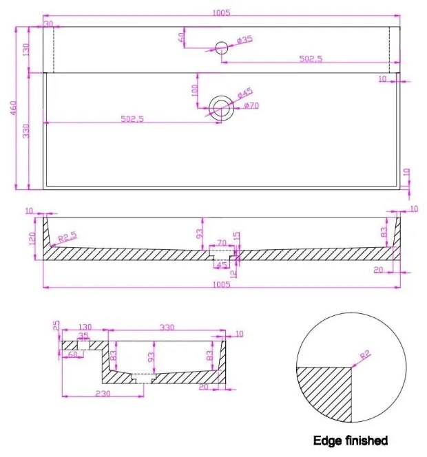 Fontana Portoro Gold marmer badmeubel 100cm mat wit met ribbelfront met kraangat