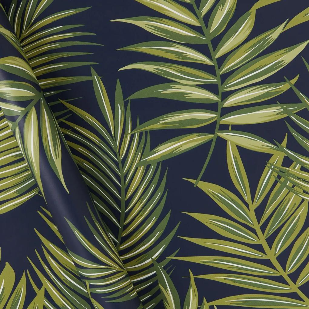 Fenna Palm behang, 10m rol, donkerblauw en groen