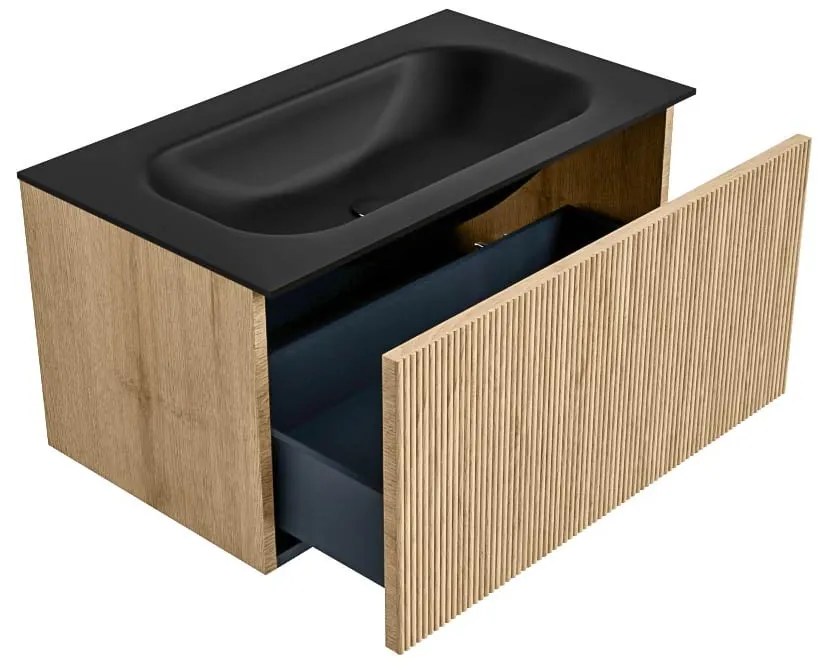 Mondiaz Kurve 80cm badmeubel oak met 1 lade en wastafel big small midden zonder kraangat urban