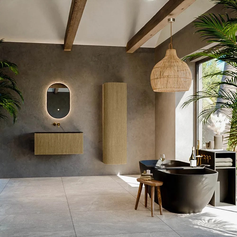 Mondiaz Kurve 90cm badmeubel dusk met 1 lade en wastafel big small midden zonder kraangat urban