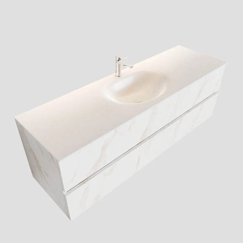 Zaro Sevilla Solid Surface badmeubel 150cm wit marmer 1 kraangat spoelbak midden met 2 lades