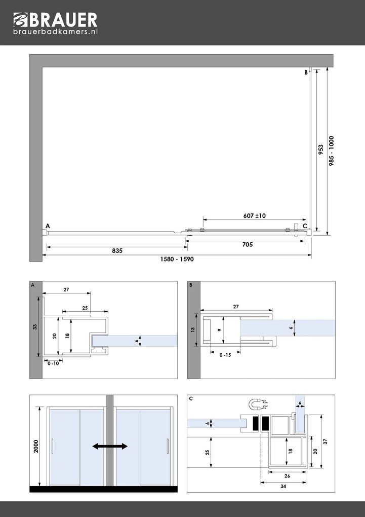 Brauer Season douchecabine met schuifdeur 160x100cm RVS