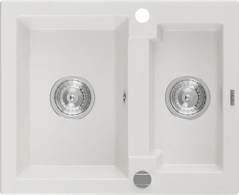 Mexen Carlos granitische gootsteen met 1,5 spoelbak, 582 x 475 mm, wit, chrom sifon - 6518581500-20