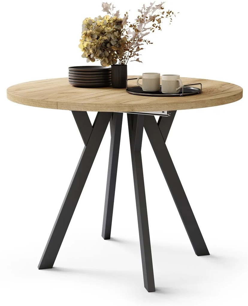 ALMO 100 Eiken Craft Gold/Zwarte poten - RONDE LOFT/INDUSTRIËLE TAFEL VOOR WOONKAMER/EETKAMER, UITSCHUIFBAAR