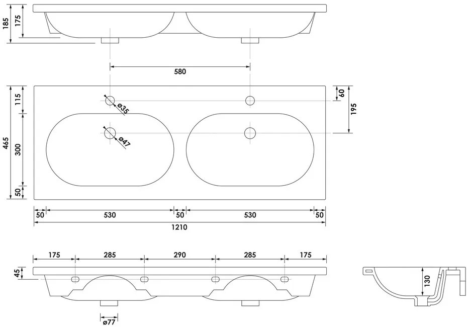 Brauer Moon dubbele wastafel keramiek 120cm met 2 kraangaten wit glans