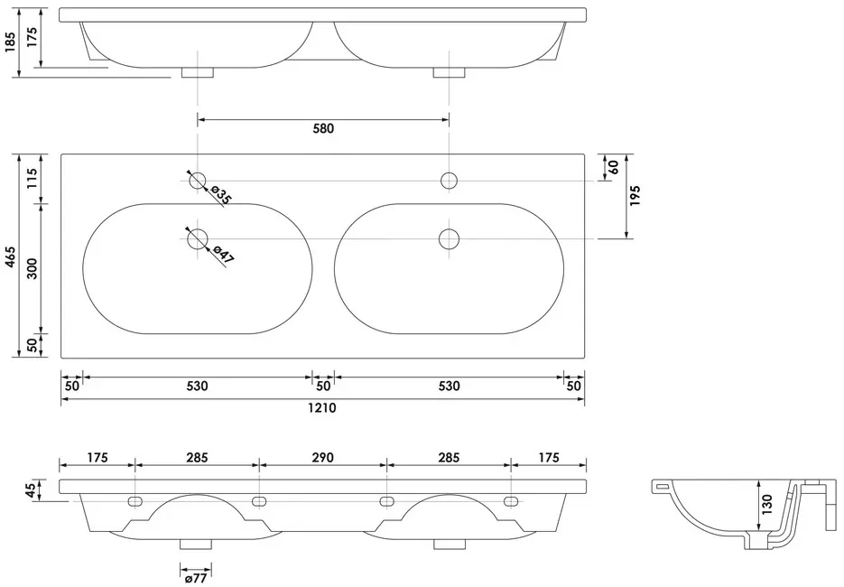 Brauer Moon dubbele wastafel keramiek 120cm met 2 kraangaten wit glans