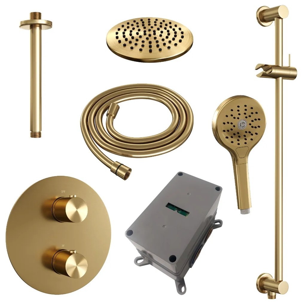 Brauer Gold Edition thermostatische inbouw regendouche met 3 standen handdouche, plafondarm, glijstang en hoofddouche 20cm set 95 messing geborsteld PVD