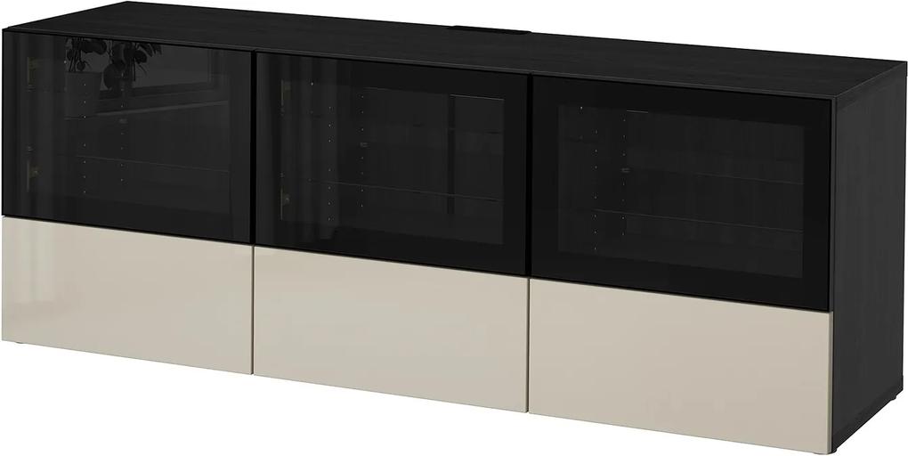 BESTÅ Tv-meubel met deuren en lades zwartbruin/ hoogglans/beige helder glas