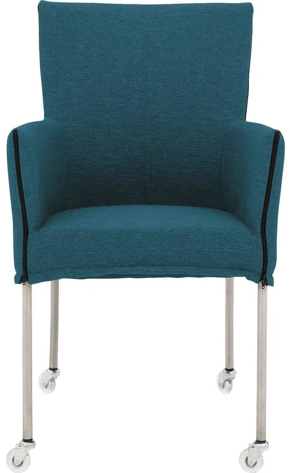 Goossens Eetkamerstoel Funk RVS Poten blauw stof met armleuning en met wielenTransparant skater wiel met rvs kap, modern design