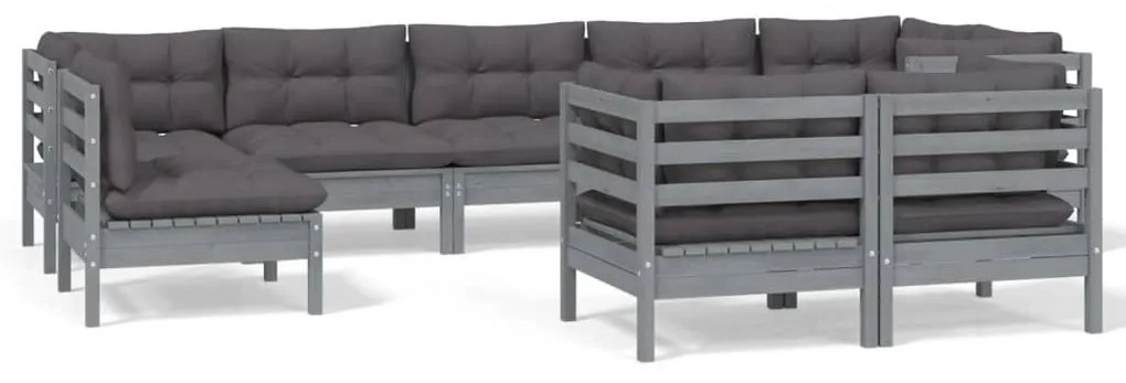 vidaXL 9-delige Loungeset met kussens massief grenenhout grijs