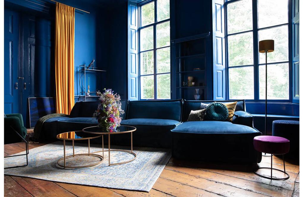 Goossens Bank Jim blauw, stof, urban industrieel met chaise longue rechts