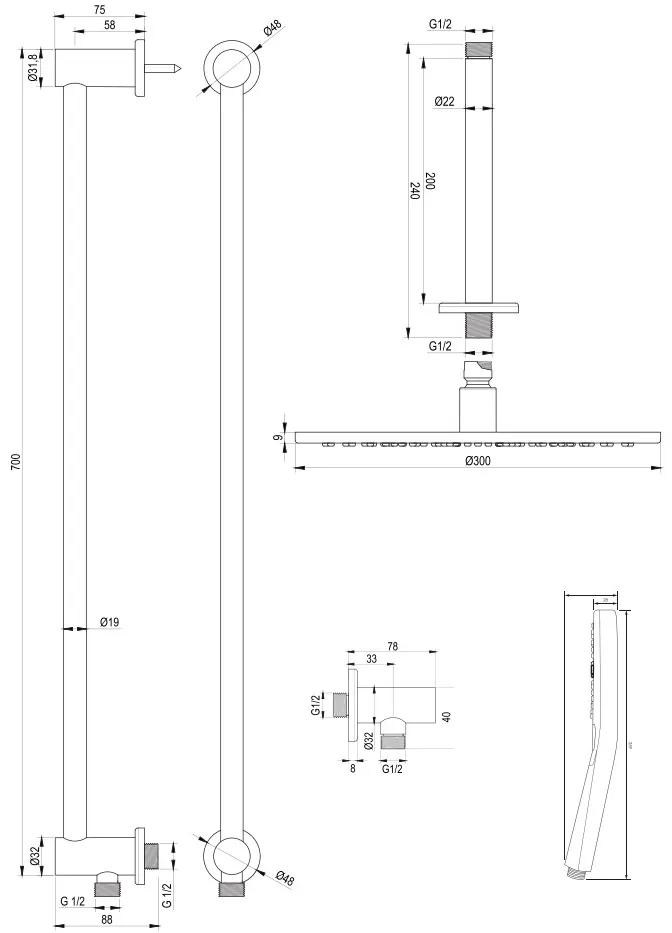 Brauer Gunmetal Carving thermostatische inbouw regendouche met 3 standen handdouche, plafondarm, glijstang en hoofddouche 30cm set 72 gunmetal geborsteld PVD