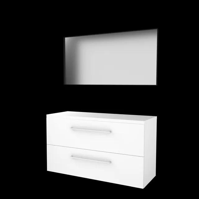 Basic-Line Framed 46 badkamermeubelset - 120x46cm - met grepen - 2 lades - wastafelblad - Spiegel - mat zwart aluminium frame - rondom - MDF lak Ice White 1813630