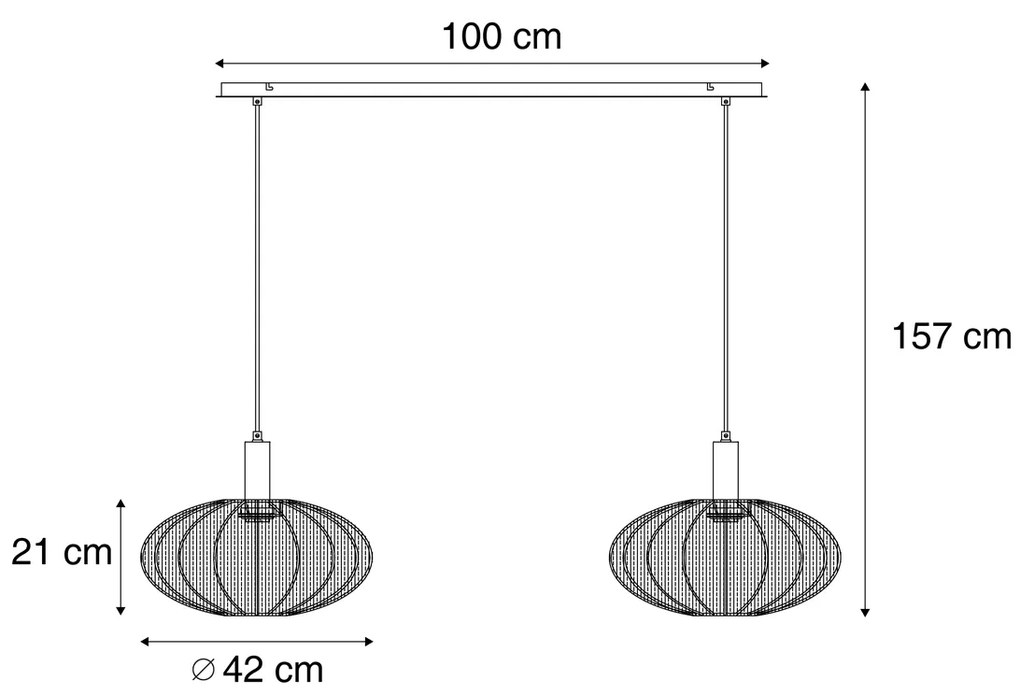 Eettafel / Eetkamer Japandi hanglamp zwart met bruine stoffen kap 2-lichts - BidaJapandi E27 Scandinavisch rond Binnenverlichting Lamp