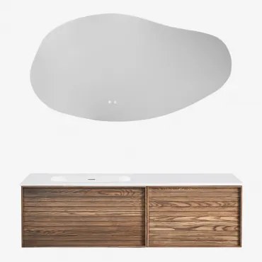 Solea Houten Badkamermeubelset Met Geïntegreerde Wastafel Natuurlijk Hout & Oval Led And Antifog 140x75 Cm Jynox & Zonder Kraan - Sklum