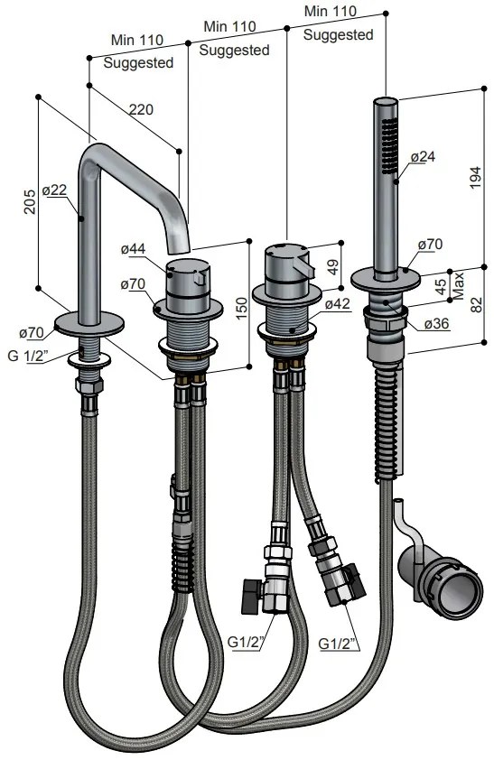 Hotbath ACE 2-wegs badrandcombinatie met uitloop en handdouche koper geborsteld PVD