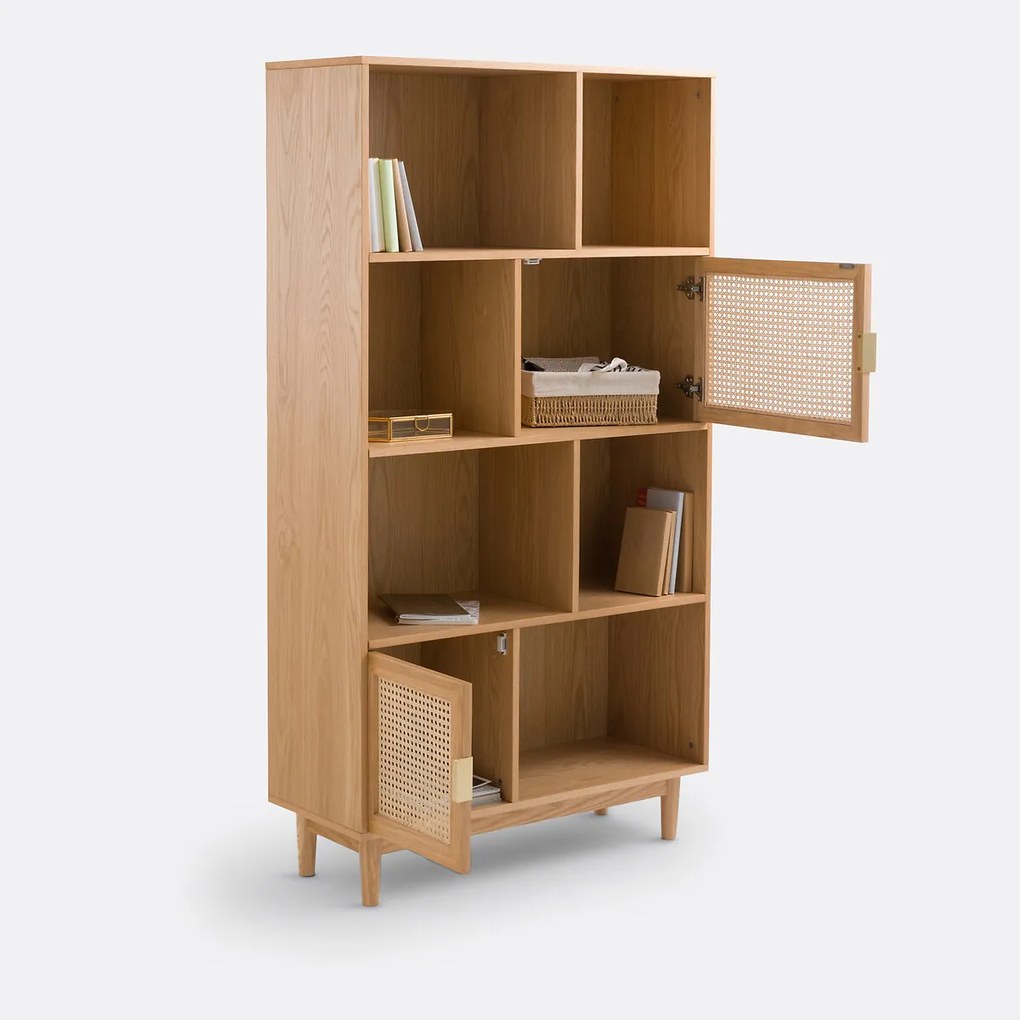 Opbergrek/bibliotheek, eikenfineer en rotan, Loris