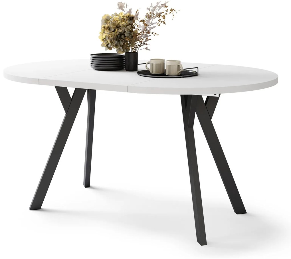 ALMO 100 Wit Mat/Zwarte poten - RONDE LOFT/INDUSTRIËLE TAFEL VOOR WOONKAMER/EETKAMER, UITSCHUIFBAAR