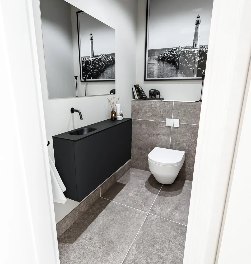 Zaro Polly toiletmeubel 100cm mat zwart met zwarte wastafel zonder kraangat links