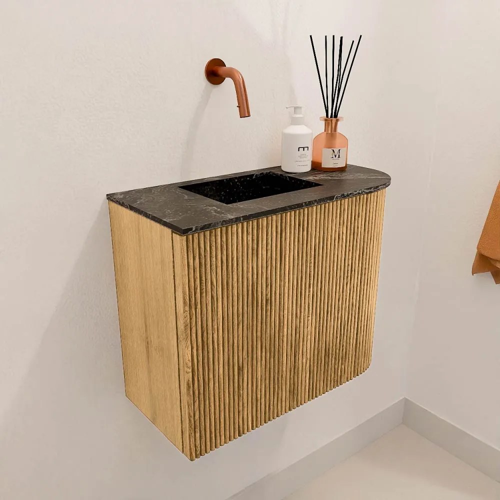 Mondiaz Joya DLux 50cm toiletmeubel ronding rechts oak met wastafel faye links zonder kraangat lava