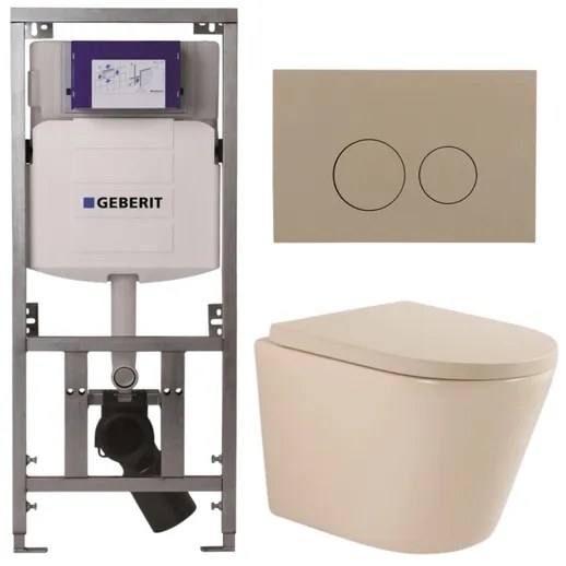 QeramiQ Dely Toiletset - 36.3x51.7cm - diepspoel - rimless - Geberit UP320 inbouwreservoir - softclose toilet zitting 35 mm - bedieningsplaat taupe - ronde knoppen - mat beige SW1000764/SW1000771/0701131/SW1102378