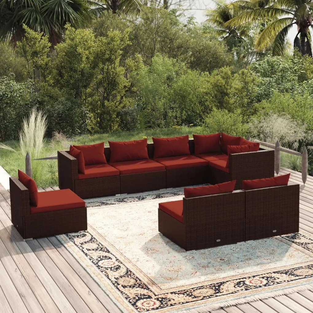 vidaXL 8-delige Loungeset met kussens poly rattan bruin