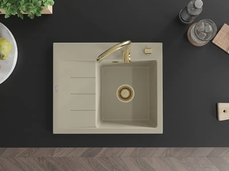 Mexen Ben granit gootsteen 1-kommer met afdruiprek, rechts 600 x 500 mm, beige, gouden sifon - 6523605000-69-G