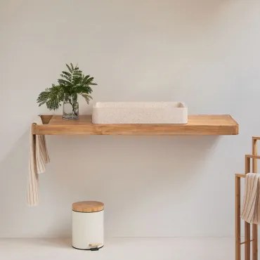 Conjunto Van Meubel 130x45 Cm Hangend In Teakhout Neill Teakhout & Rechthoekig Wit Cement 60x30 Cm Ronald & Spiegelloze & Zonder Kraan & Zonder -