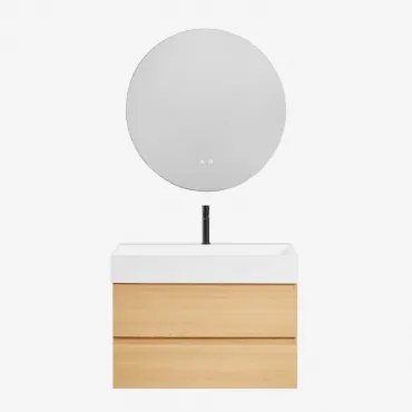 Ona Zwevend Badkamermeubelset Van Hout En Essenfineer Met Geïntegreerde Wastafel Natuurlijk Hout & Round Led And Antifog Ø70 Cm Riben - Sklum