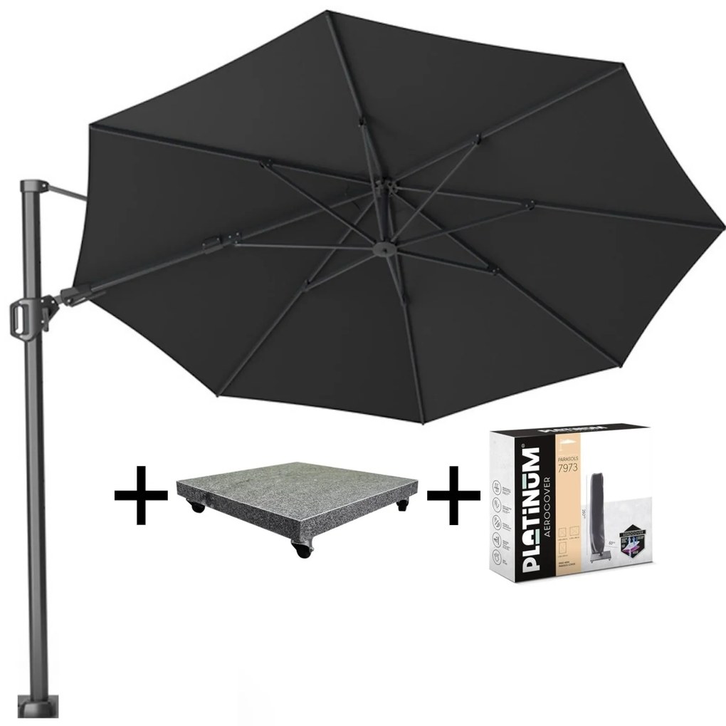 Challenger T2 premium zweefparasol 350 cm rond faded black met 90KG voet en hoes