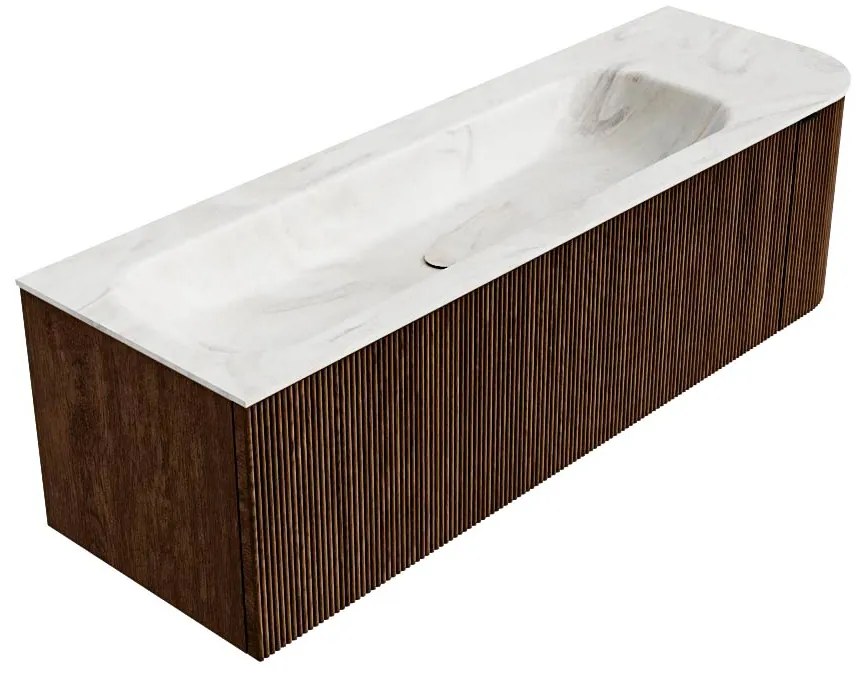 Mondiaz Kurve-dlux 145cm badmeubel ronding rechts walnut met 1 lade en deur en wastafel big large kraangat links ostra