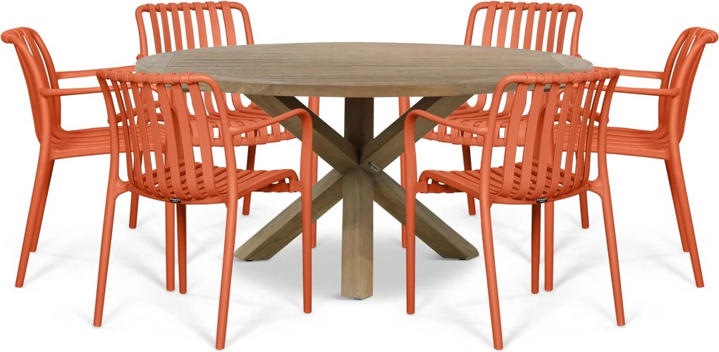 Tuinset Ronde Tuintafel 6 personen 160 cm Kunststof Oranje Domani Furniture Alba/Sand