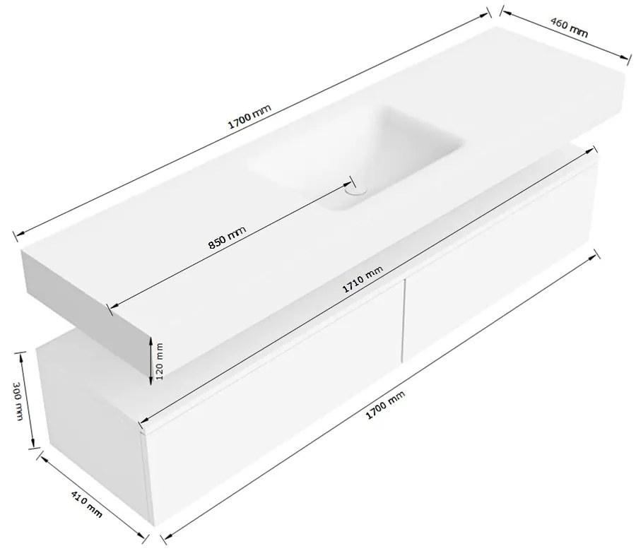 Zaro Alan badmeubel 170cm talc 2 lades met vrijhangende wastafel cloud midden 1 kraangat urban