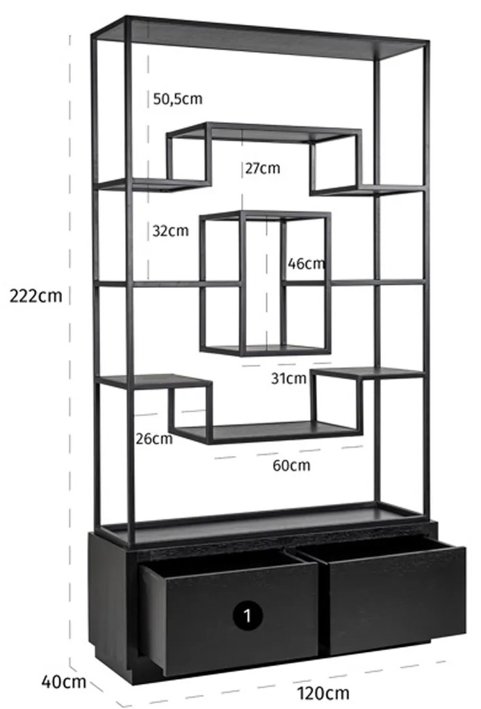 Richmond Interiors Bonvoy Open Vakken Kast Asymmetrisch Zwart Eiken - 120x40x222cm.